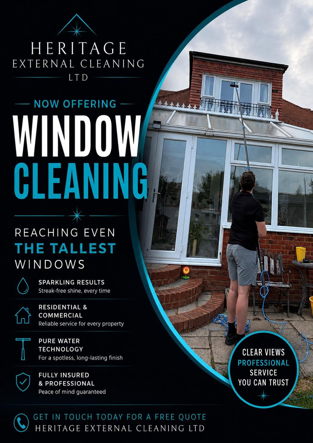 Professional window cleaner reaching tall conservatory windows